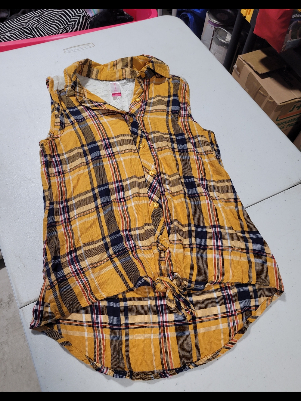 No Boundaries Mustard Plaid Sleeveless Button-Front Tie-Hem Top